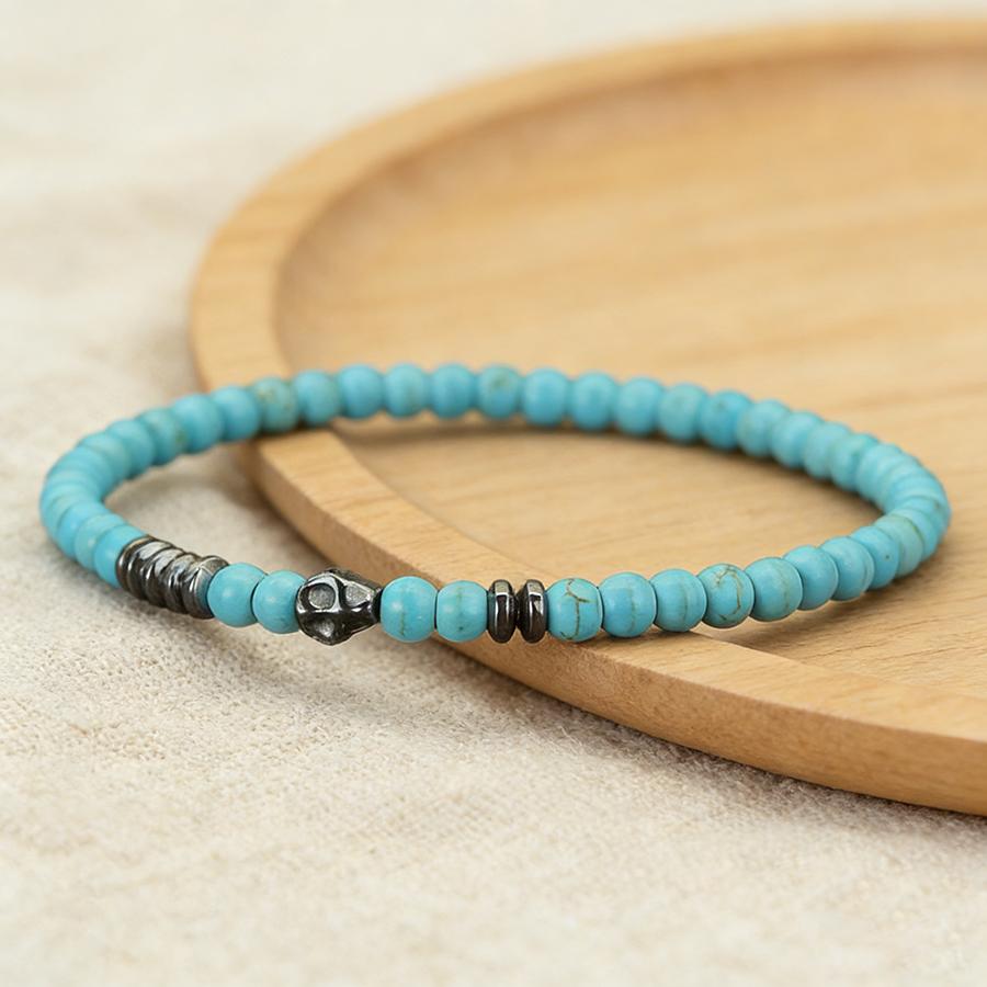 Stylish Men Skull Bracelet 4mm Onyx Howlite Obsidian Stone Strand Braslet Street Cool Riding Wrist Accessories Pulseria Hombre