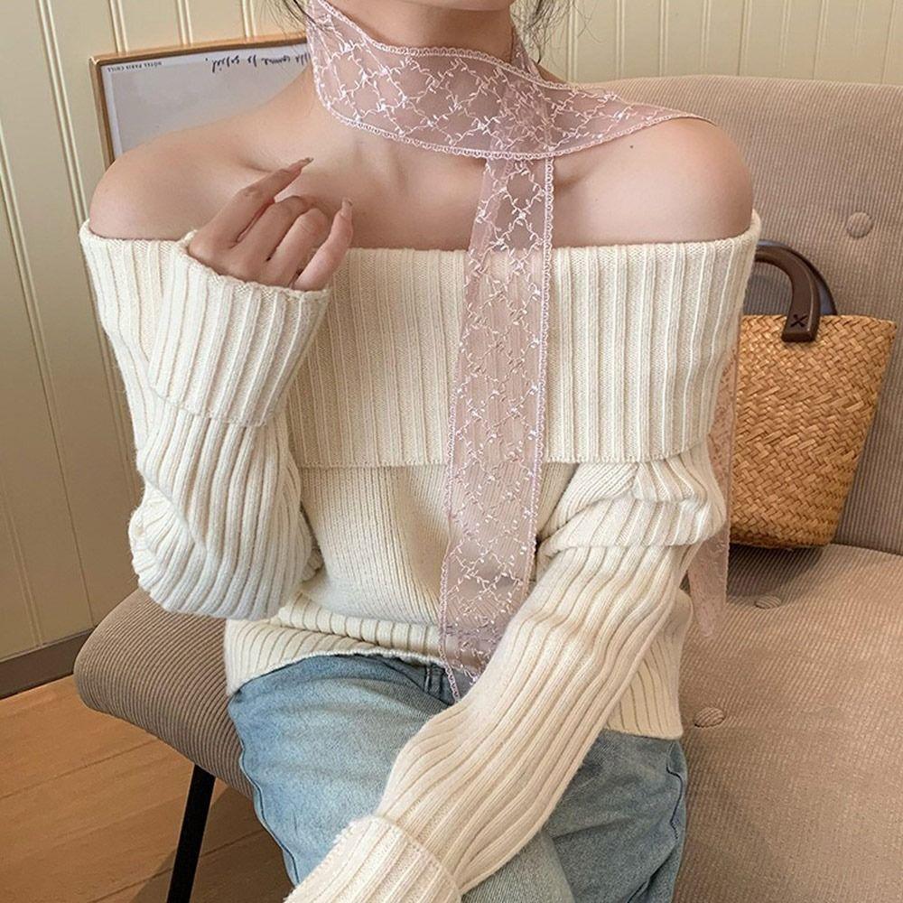 Korean Lace Scarf Hollow Embroidery Hair Band Fashion Long Scarfs  For Women Collarbone