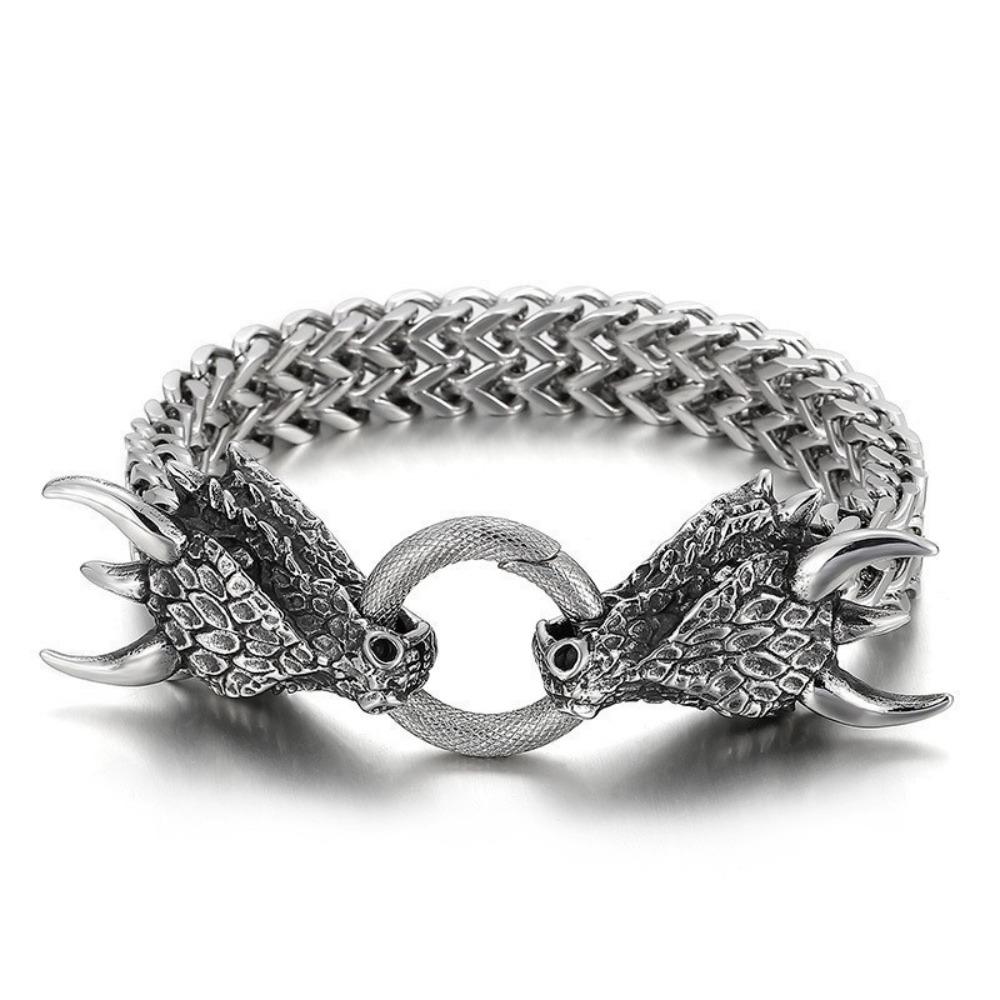 Viking Wolf Head Bracelet for Men Stainless Steel Chain Link Retro Handmade Jewelry Gift