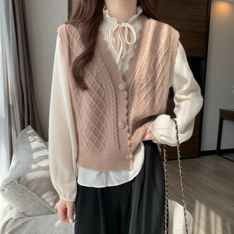 Damen Süßes Rautenmuster Gestrickte Weste Cardigan Mantel Einfarbig Spitze Pulloverweste Cardigan für Oberbekleidung