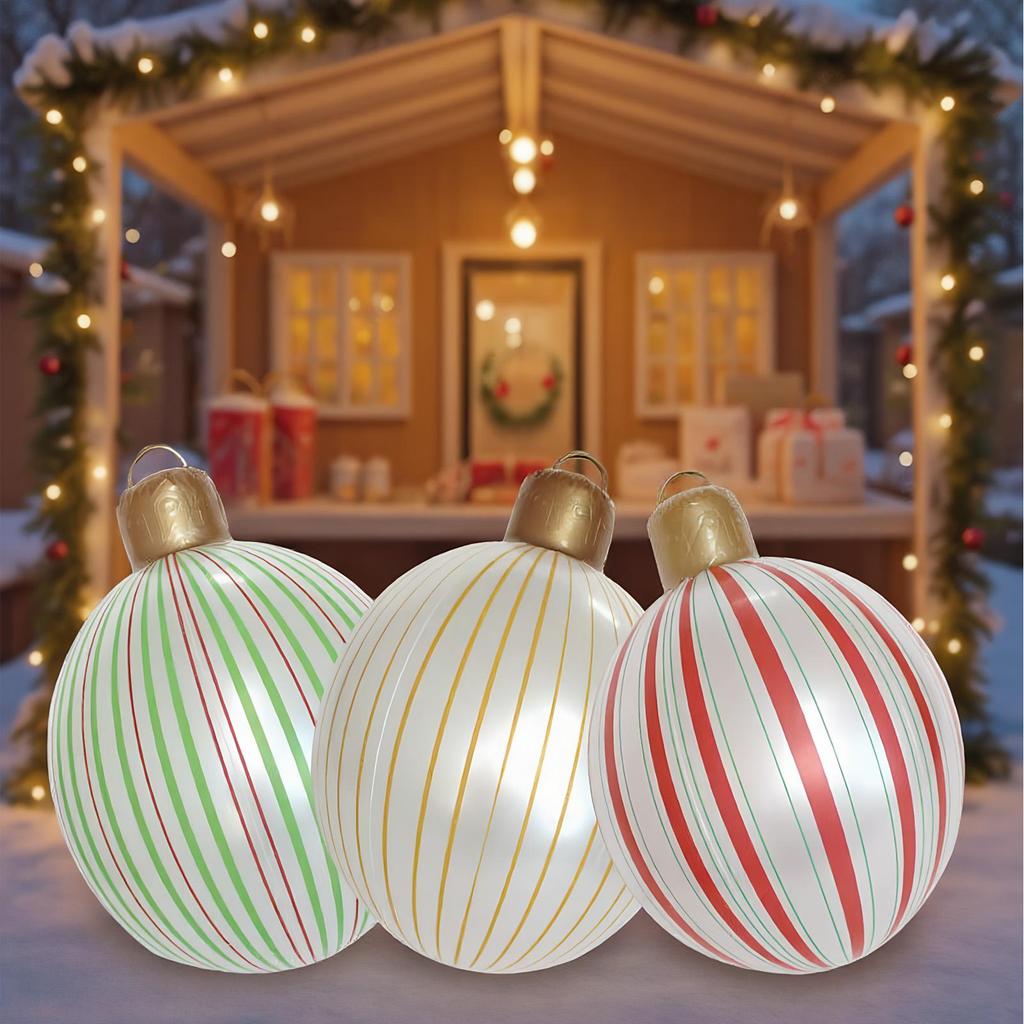 3pcs Large Christmas Ornaments 40cm Big Christmas Balls Striped PVC Blow Up Decor Outdoor Indoor Porch Lawn Holiday Decorations