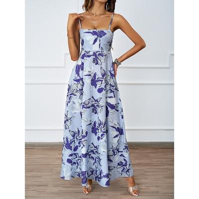 Summer Floral Backless Suspender Sexy High Waist A-line Skirt Dress for Women