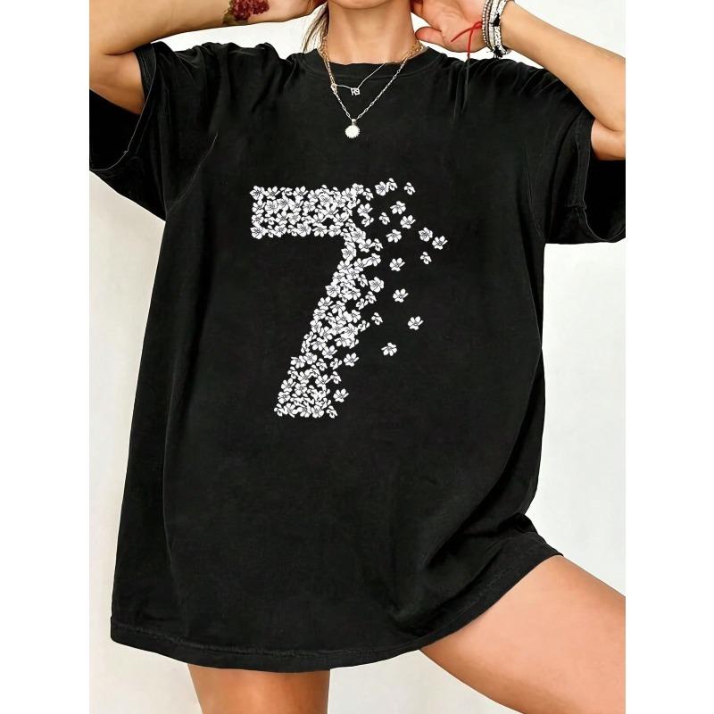 

Футболка оверсайз черная с цветочным принтом и цифрой семь, повседневная летняя одежда XXXXL чёрный