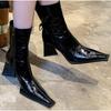 Horse Boots Female Ins Pointed Pink Skinny Boots 2024 Winter New Patent Leather Thick with Fashion High Heel Short Boots