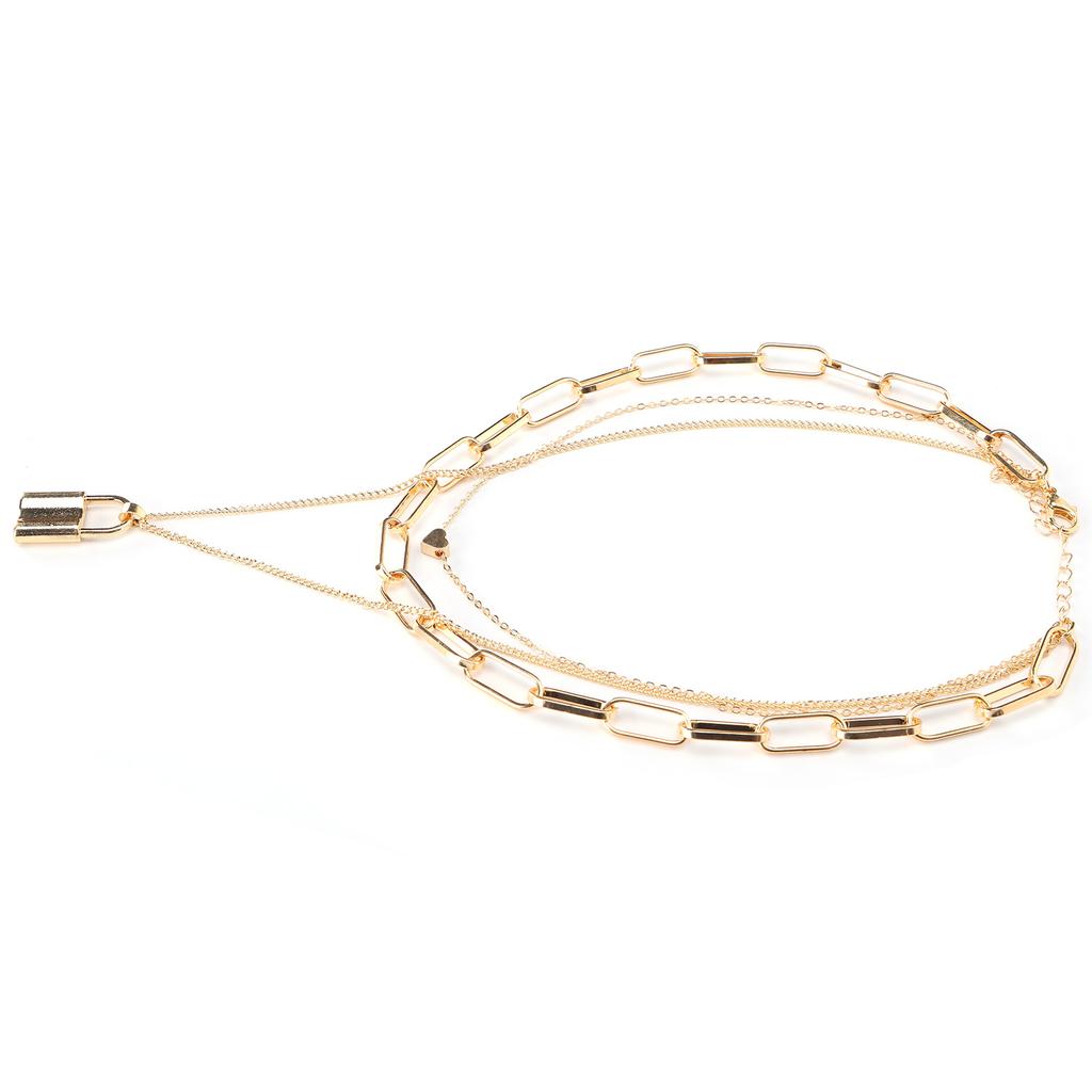 Women Simple Layered Necklace Lock Heart Shaped Pendant Necklace Jewelry Accessory(Golden )