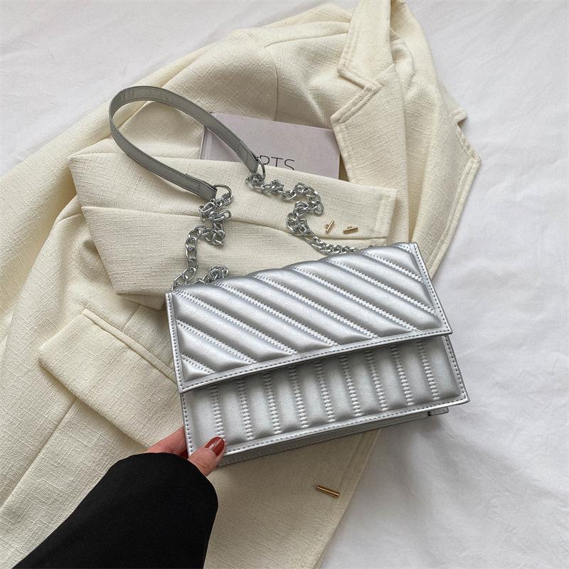 Striped chain bag women's 2025 new retro texture messenger bag trendy solid color fashion embroidery thread shoulder small square bag