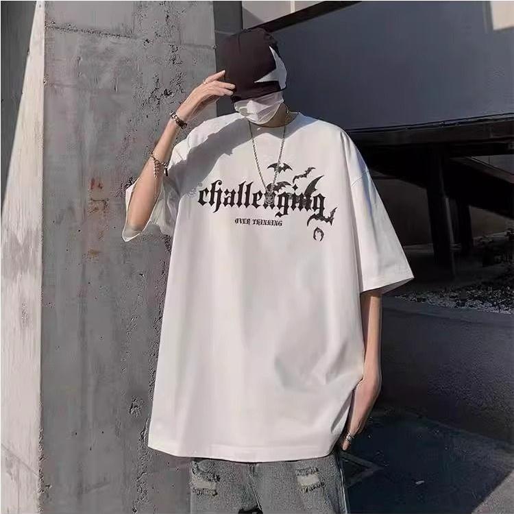 Summer Pure Cotton Men's Vintage Letter Print T Shirt Harajuku O-neck Oversized Casual Y2K Tops Men T-shirts Black White Male Hip Hop Streetwear
