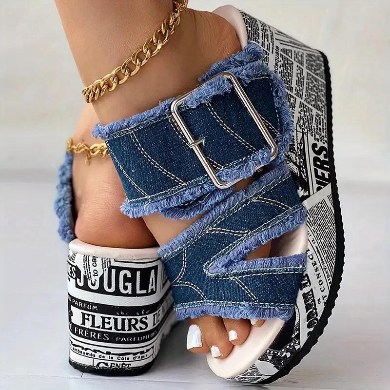 Women Denim Platform Slippers High Heels Shoes Summer Outdoor Wedge Sandals Women Casual Slippers Big Size Slides Women