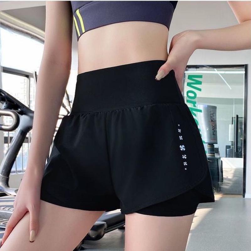 Women's High Waist Double Layer Sports Shorts with Pockets for Running & Yoga