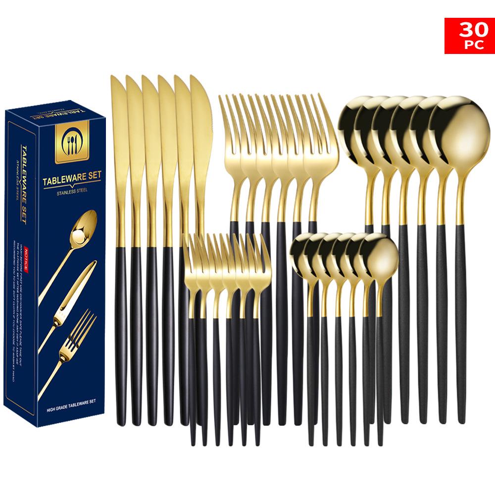 Set tacâmuri din oțel inoxidabil Portugal Gold, 24 de piese: Cuțit de Steak, Furculiță, Lingură de Hotel în Cutie Cadou