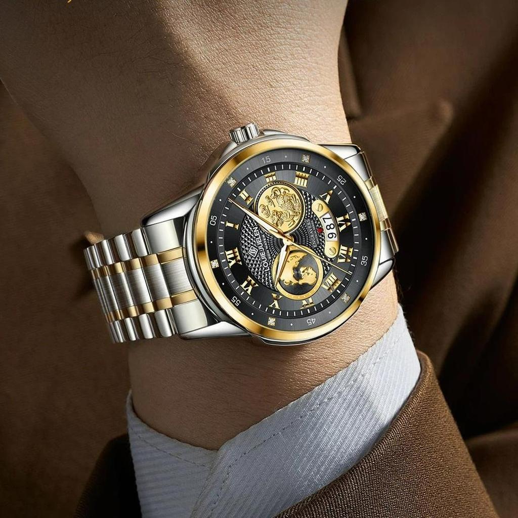 Luxury Gold Engraved Watch for Men Stainless Steel Waterproof Business Quartz Wristwatch with Date, Ideal Gift for Father's Day & Anniversaries