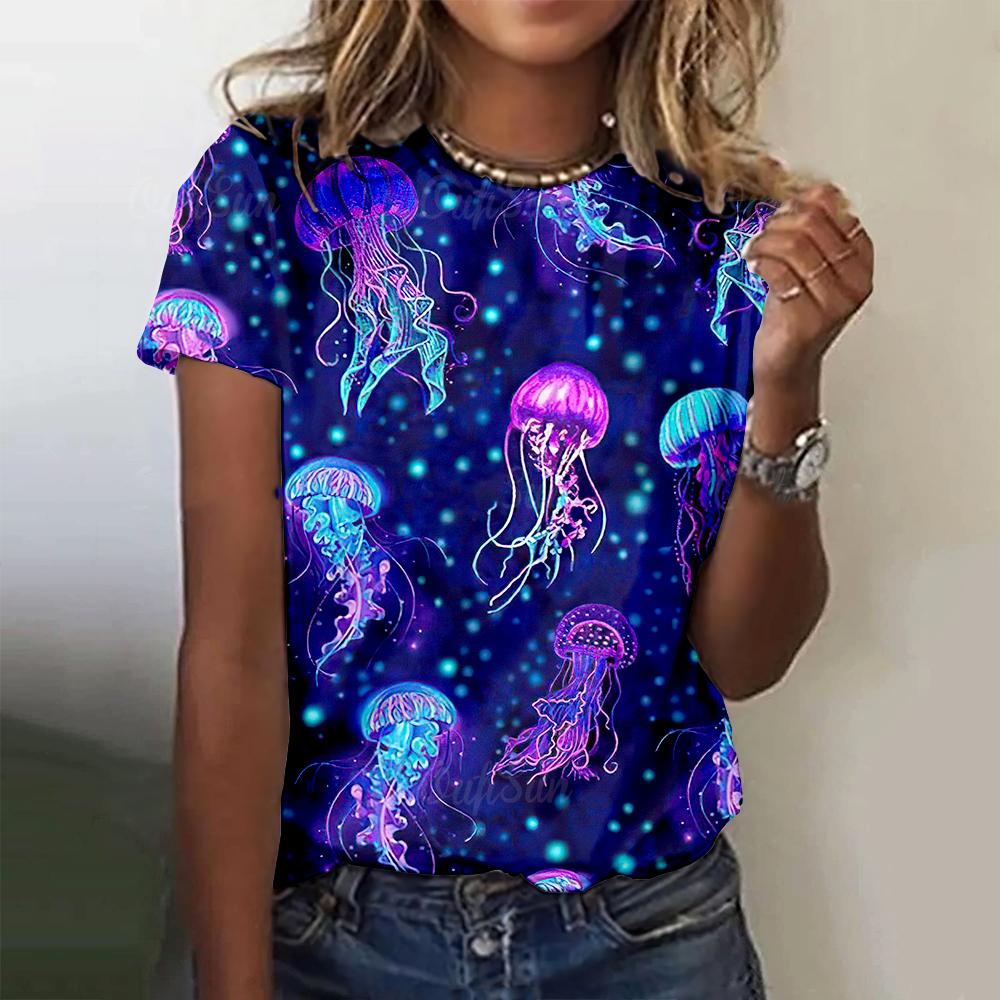 Turtle Jellyfish Pattern T-shirt 3D Printed with Marine Animals for Women's Short sleeved T-shirt