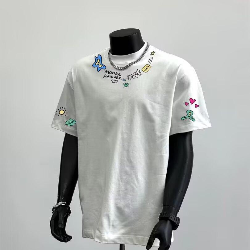 

Тяжелая американская хипстерская футболка с мультяшным принтом, с коротким рукавом, для мальчиков, летняя, премиального качества, нишевая, свободного кроя, топы Ins 5XL белый