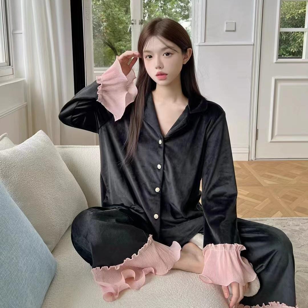 

Женские осенние и зимние пижамы, роскошные бархатные пижамы, топы и штаны с оборками, комплект из 2 предметов, домашняя одежда с бархатным леопардовым принтом XL чёрный