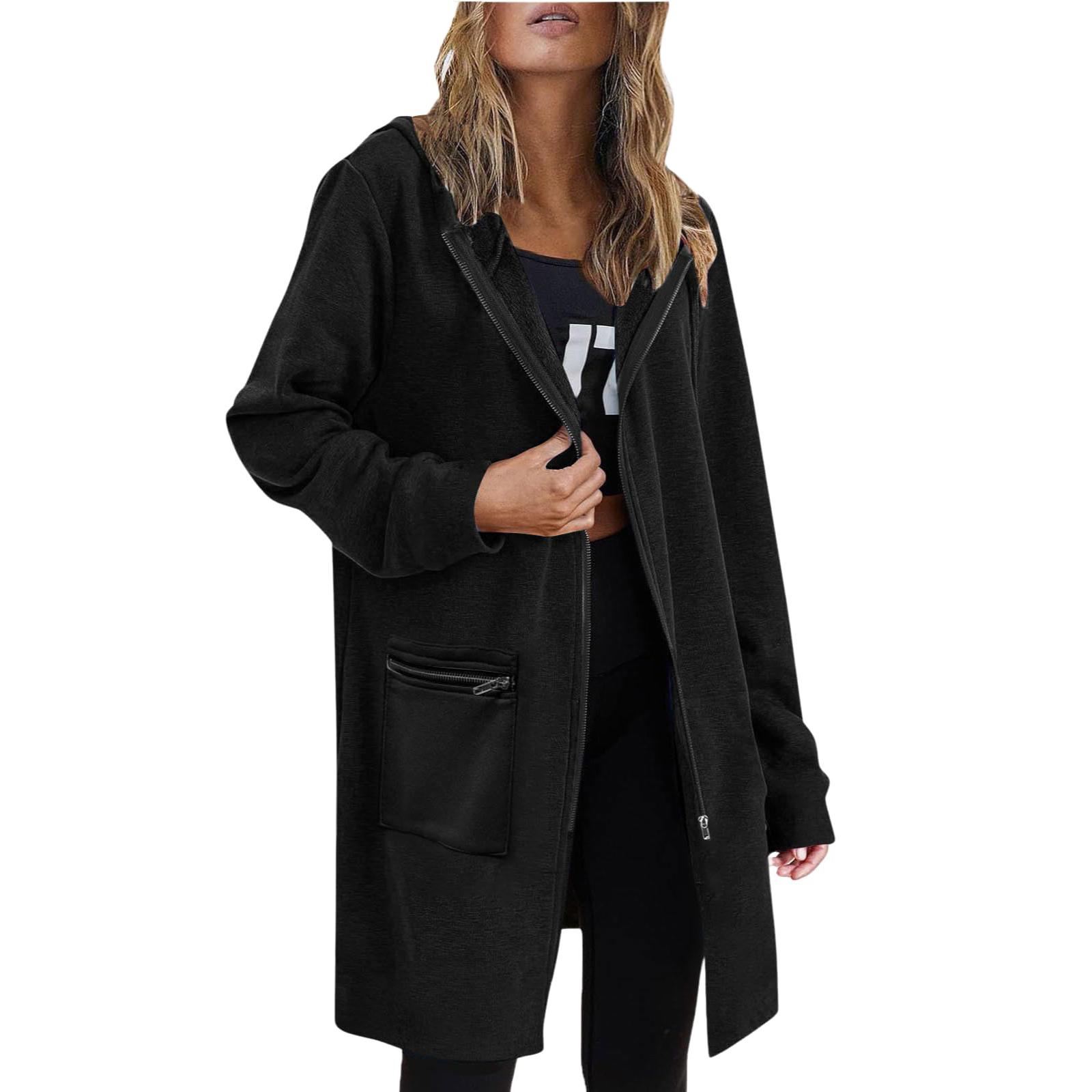

Женское модное однотонное пальто с длинными рукавами и карманами, длинные худи на молнии, повседневные куртки, толстовки, одежда L чёрный