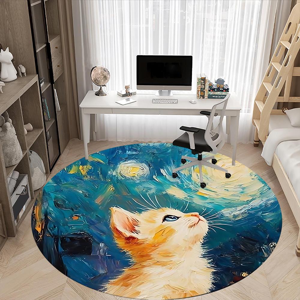 1pc Cat Night Office Round Area Rug, Mat Suitable For Office, Under Office Chairs Bedroom Living Room Home Decor, Room Deco