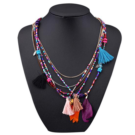 Women's Boho Ethnic Style Feathers Tassels Beads Multi-layer Chain Necklace