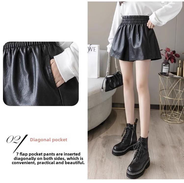 Women's 2023 Autumn/Winter PU Leather A-Line Shorts, High Waist, Loose Fit, Casual Slim Boot Style
