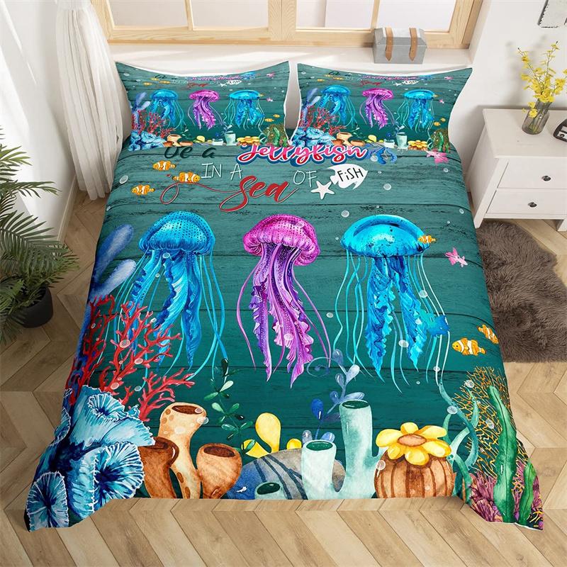 Dolphin Duvet Cover Nautical Sea Animal Bedding Set Underwater World Fish Sealife Quilt Cover Coral Reef Seaweed Queen Bed Set