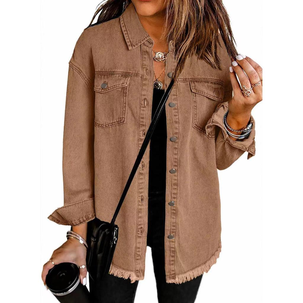 Women Denim Shirt Full Length Jackets Single Breasted Outerwear Washing High Street Cardigan Pockets Loose Coat