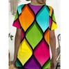 Women'S Summer Contrast Black Trim Diamond Geometric Full Print Pocket Round Neck Short Sleeve T-Shirt  Casual Comfortable Top