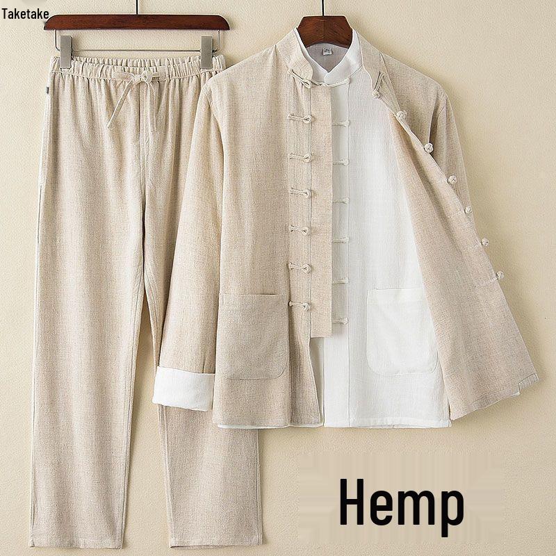 

Костюм Тан весна/лето: Классический китайский ретро-костюм из 3 предметов с воротником-стойкой на пуговицах из хлопка и льна M