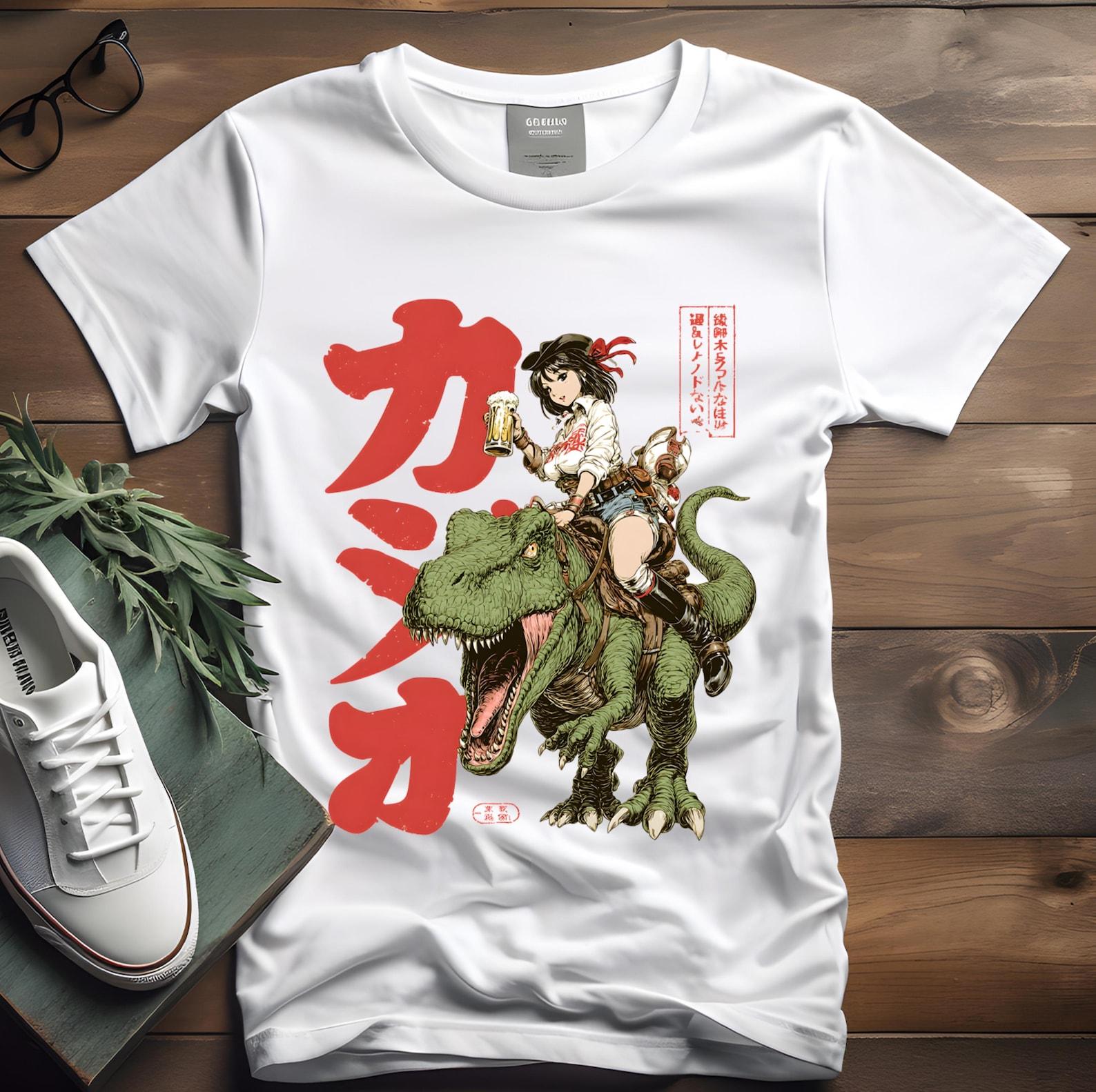 CowGirl Riding Dinosaur T-Shirt | Japanese Retro Kanji Illustration 4XL