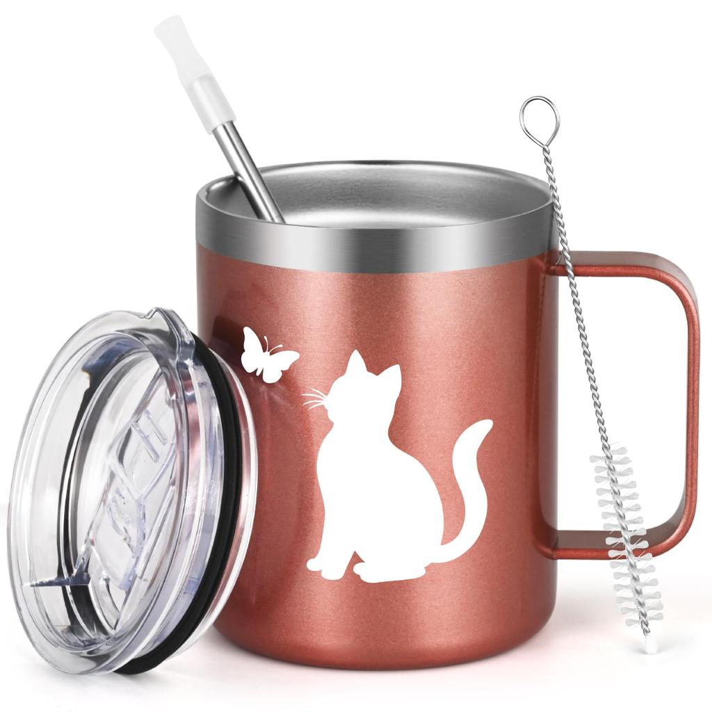 Livole Cat Goods Present Mug Insulating Lid with Straw 350ml Stainless Steel Cute Gift Women's Thermal/Cold (Rose Gold)