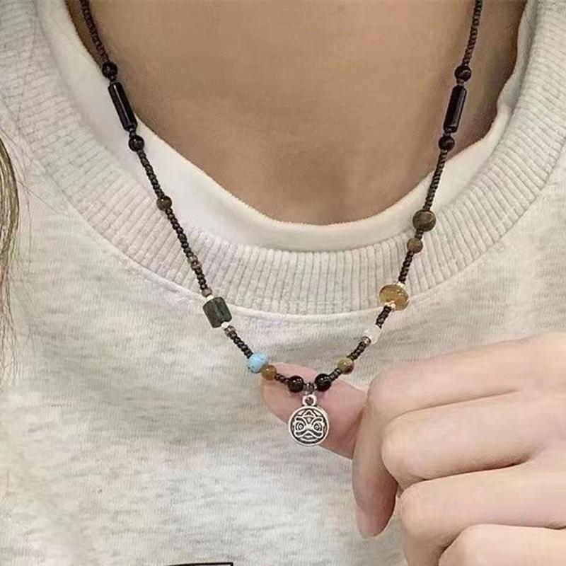 2025 Handmade Bone Beads Chain Lion Pendent Necklace Retro Beaded Stone Design Necklace New Chinese Ethnic Style