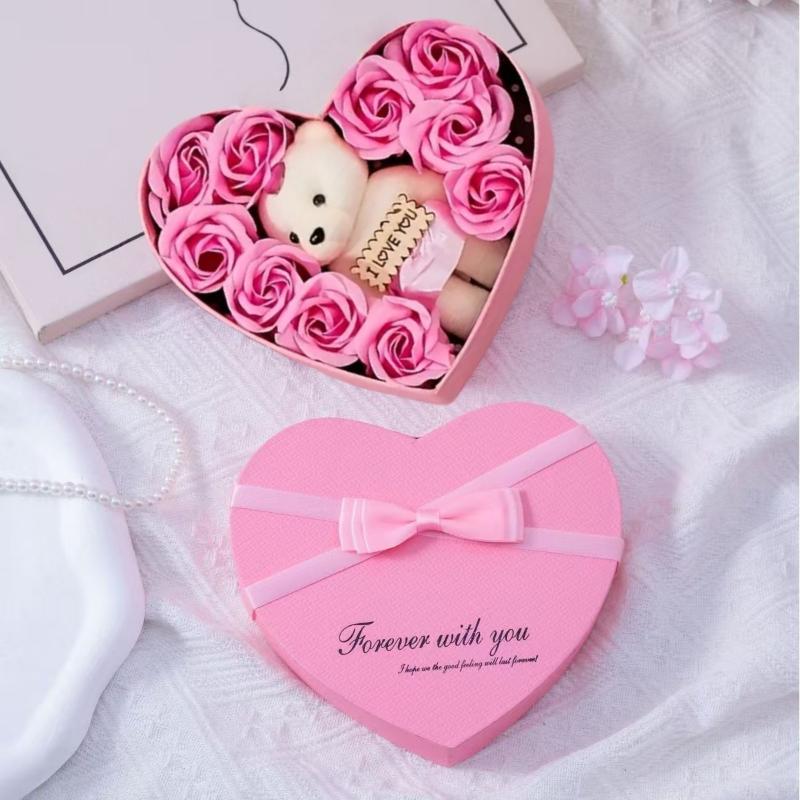 10 Artificial Flowers Valentines Day Gift For Rose Gift Box With Cute Bear Heart Romantic Mothers Day Wedding Home Party Decor