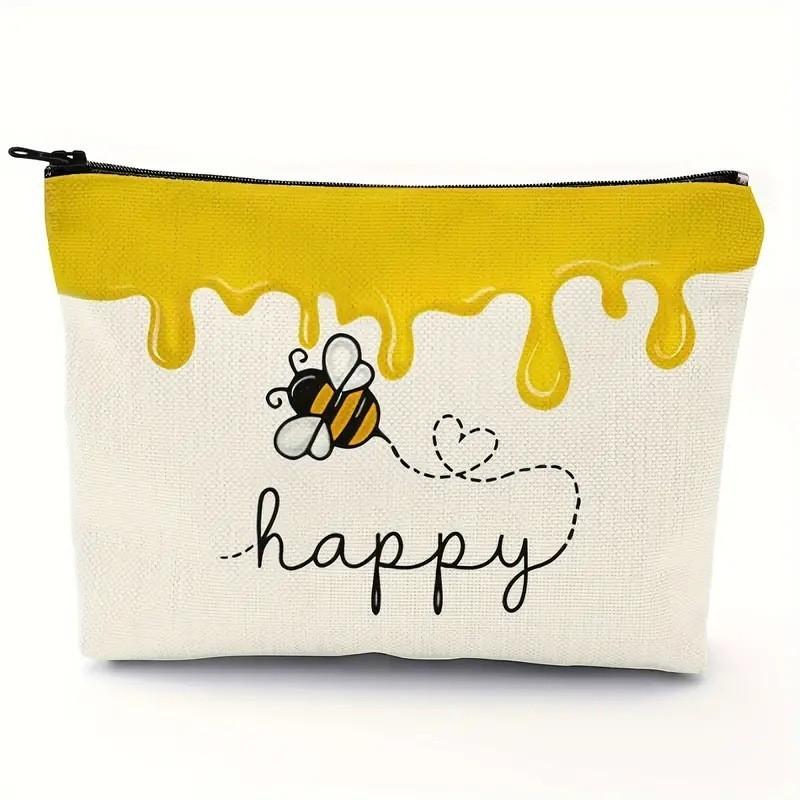 Popular Cross-border Seller Bee Pattern Linen Makeup Bag With Zipper StyleA