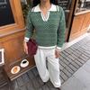 TEMU 2026 Autumn/Winter Gentle Commuting Knitwear: Diagonal Stripe Lapel Half-Button Loose Sweater