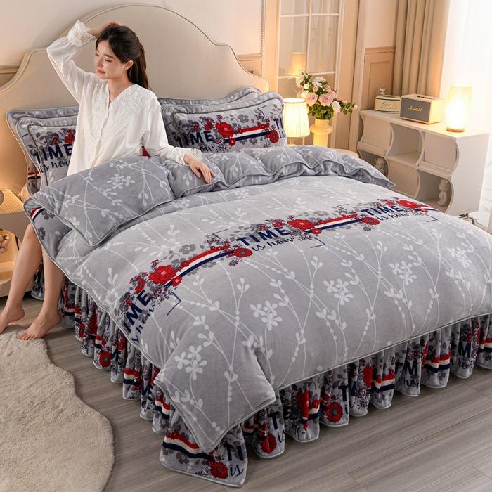 Thickened Milk Fleece Four-Piece Warm Double-Sided Coral Fleece Quilt Cover Flannel Sheet Bed Skirt Bedding