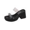 Transparent High Heels Cool Slippers Women's 2025 Outer Wear Crystal Thick Heel French Temperament One-word Women's Slippers