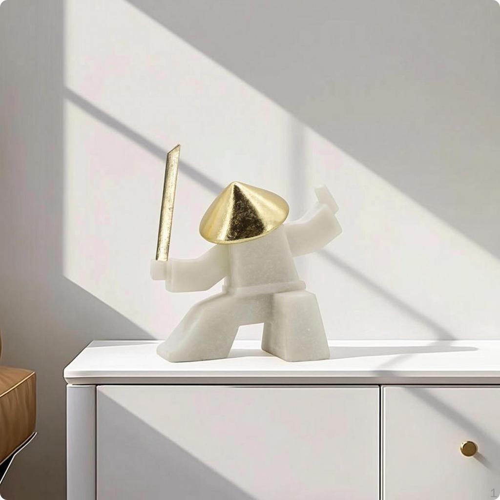 Tabletop Figurine Abstract Fighter Geometric Sculpture with Golden Headpiece for