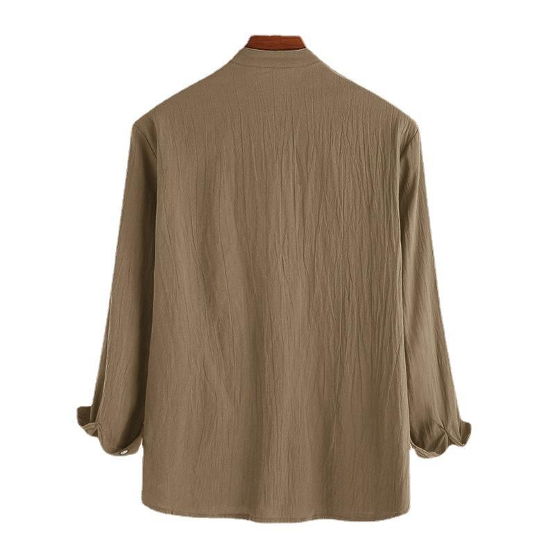 Spring Autumn Men's Casual Loose Solid Color Cotton Linen Long Sleeved Shirt T-Shirts Men’s
