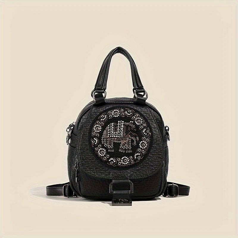 

Черный рюкзак из искусственной кожи, женская модная винтажная маленькая сумочка с трансформируемыми лямками, сумка-рюкзак со слоном со стразами