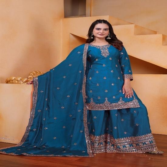 Elegant Silk Embroidered Sharara Set with Dupatta