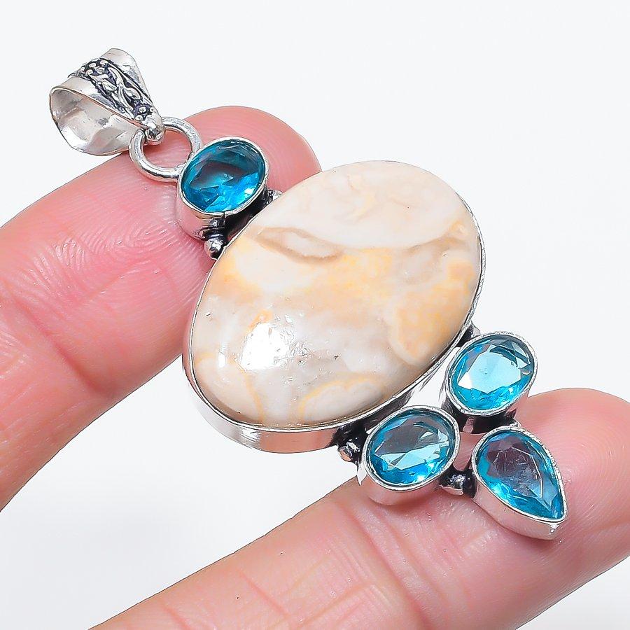 Natural Polka Dot Agate, Topaz 925 Sterling Silver Jewelry Pendant 2.32" C6a32