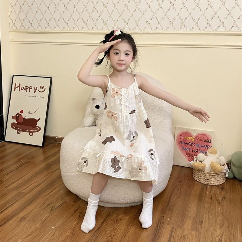 Girls Cotton Gauze Sleeveless Nightdress Loose Pajama Dress Kids 8 Years Cartoon Print