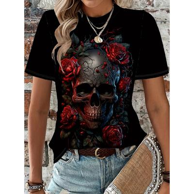 T-shirt da Donna Stampa Teschio Rosa - Comoda Manica Corta Girocollo Design a Fantasia Moda Stampa 3D - Perfetta per l'Abbigliamento Casual di Primavera e Autunno