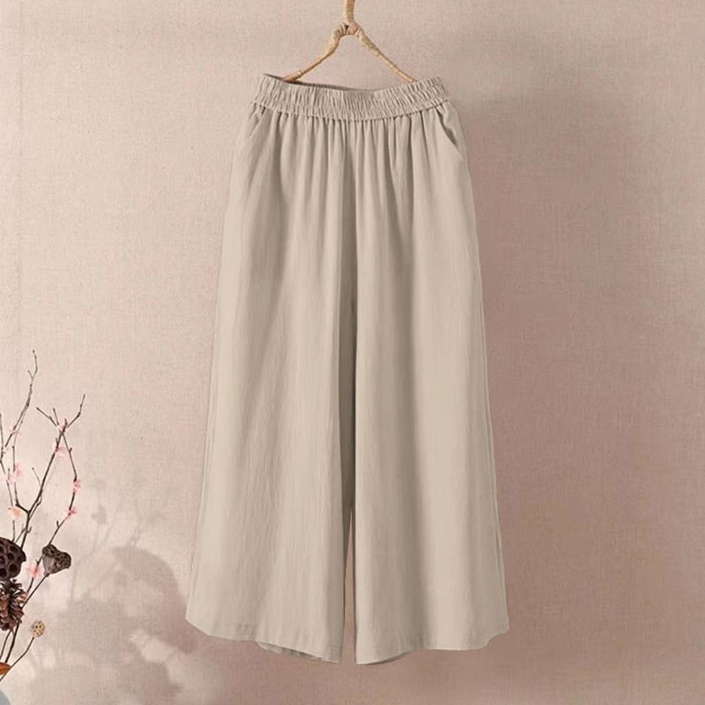Pantaloni Capris Larghi Estivi da Donna Casual e Versatili Stile Pigro in Cotone e Lino con Tasche Leggeri Vita Alta Sformati Corti