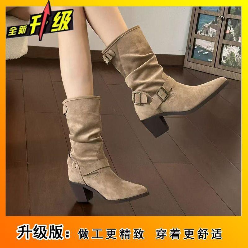 Vintage Internet celebrity heap boots women 2025 autumn new fashion belt buckle decoration thick heel pointed mid-tube boots children
