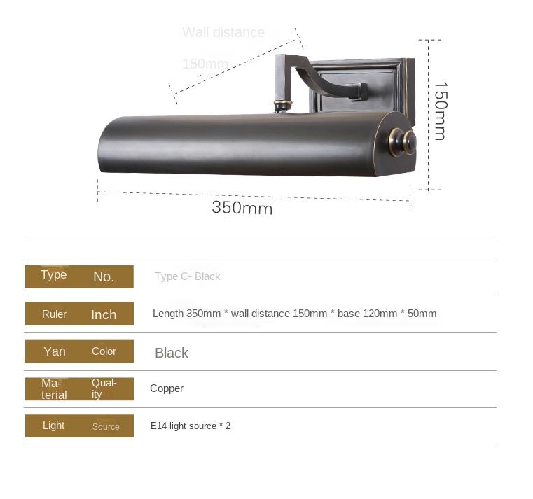 

35 см настенный светильник регулируемый медный зеркало прикроватные светильники американская чистая медная рама лампа 110-240 В прикроватная лампа туалетный столик чёрный