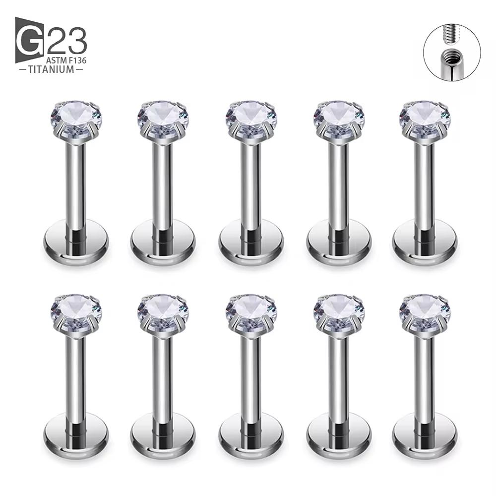 10Pc/50Pc G23 Ttianium Labret Ear Lip Stud Jewelry Square CZ Stone Cartilage Tragus Earring Tongue studs Threaded Body Jewelry
