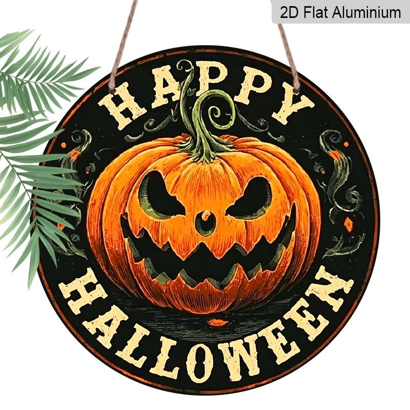 2D Flat Aluminum Decorative Plaques and Ornaments Sign, Round Metal Halloween Sign with Spiral Stem Jack Pumpkin, Distressed Rustic Wall Hanging