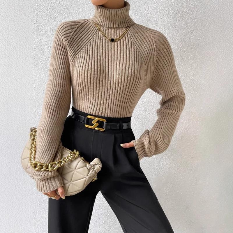 Women's Fashion Pullover High Neck Raglan Sleeves Versatile Top Solid Color Interior Sweater