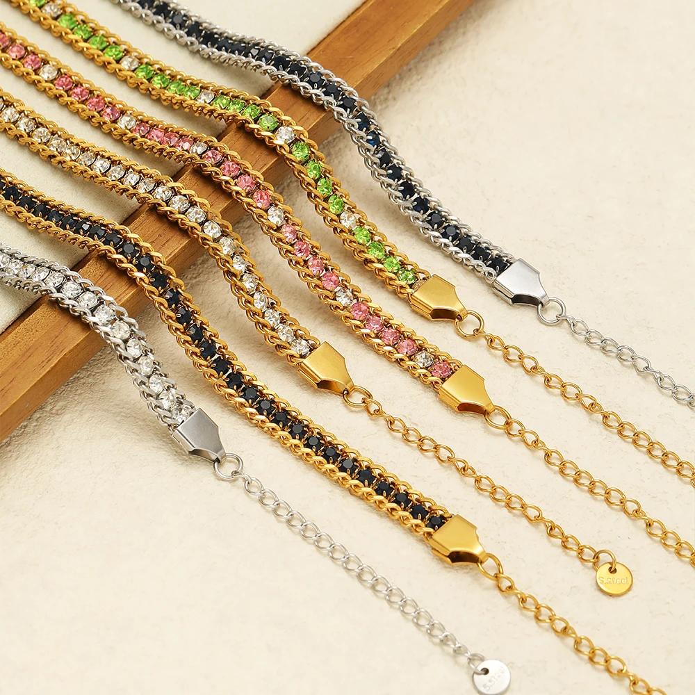 1pc AAA Cubic Zirconia Stone Bracelets Gold Color Stainless Steel Metal Chain Bracelet for Women Punk Hip Hop Jewelry Wholesale