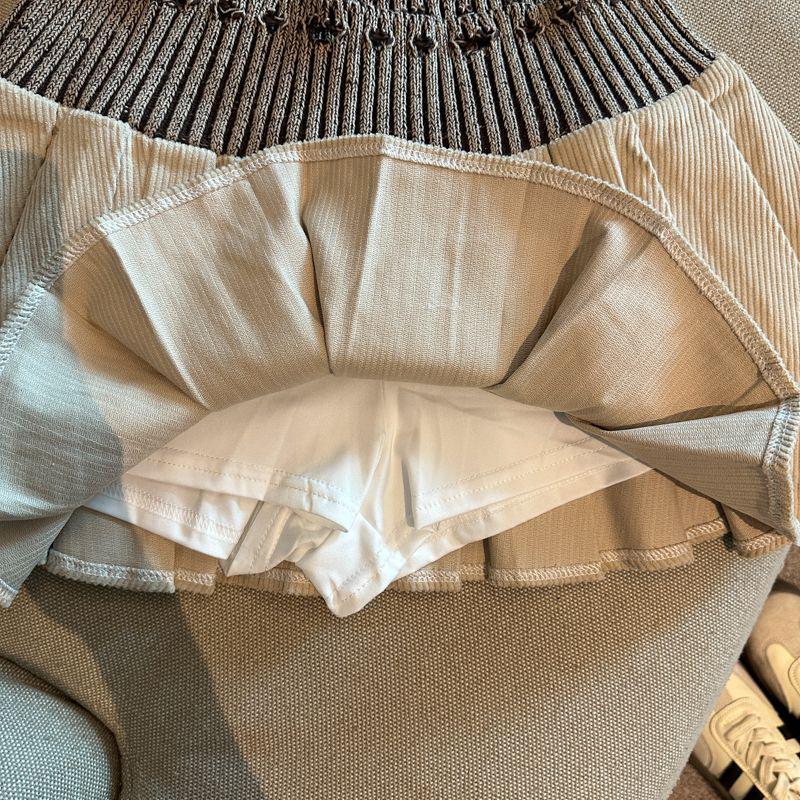 2025 Autumn Korean Style High-Waist Pleated Knit Patchwork Mini Skirt