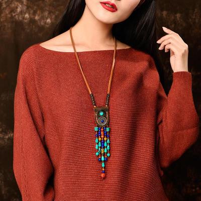 Vintage Ethnischer Stil Lange Quaste Halskette Modische Leder Edelstein Halskette Damen Pulloverkette Nischenschmuck Halsketten